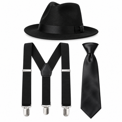 A black fedora hat, black suspenders with silver metal clips, and a black satin necktie arranged on a plain white background.
