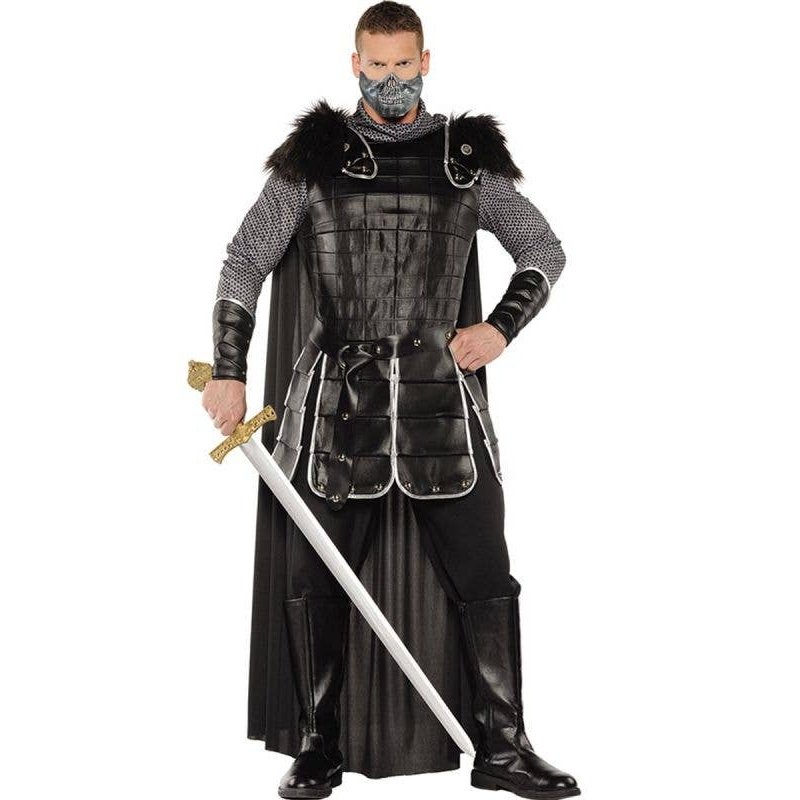 Alt text: Warrior King Mens Costume with intricate armor, cape, and sword for Halloween or costume parties