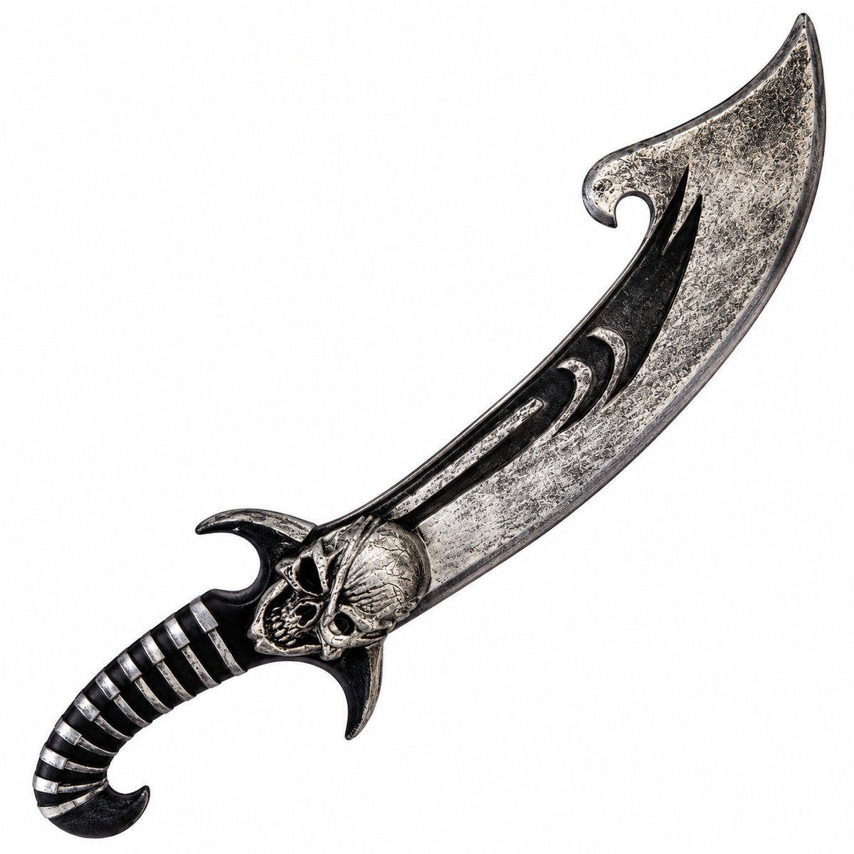 A pirate-style curved sword or machete with a weathered silver blade, a skull motif near the hilt, and a black-and-silver striped handle, shown on a plain white background.