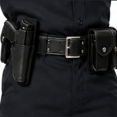 A men's police costume set shown in multiple views on a model, including front, side, back, close-up of the hat, collar, belt area, and sleeve patch. The outfit is a dark navy short-sleeve shirt with matching pants, a black utility belt, and a black cap with a silver badge.