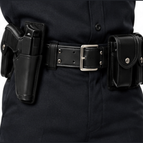 A men's police costume set shown in multiple views on a model, including front, side, back, close-up of the hat, collar, belt area, and sleeve patch. The outfit is a dark navy short-sleeve shirt with matching pants, a black utility belt, and a black cap with a silver badge.