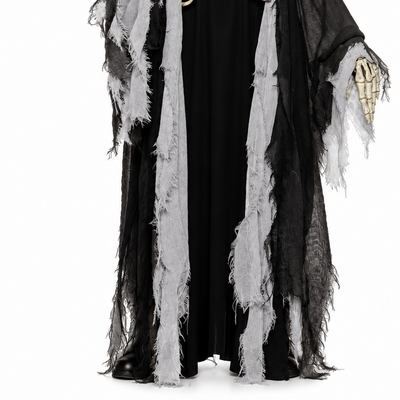 A full-body grim reaper Halloween costume featuring a black hooded robe with tattered gray and white trim, a black dress, and an attached skeletal chest piece with gold-colored bones, shown on a white background.