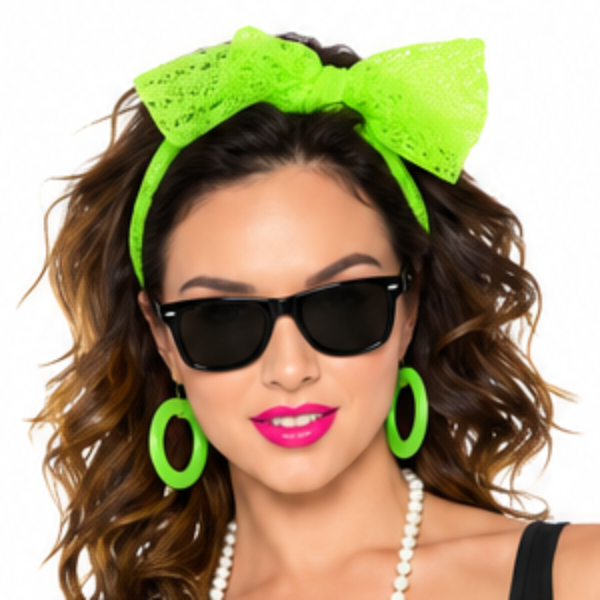 A woman modeling a 1980s retro costume consisting of a neon green off-the-shoulder top with a pink 'Ravein 80s' graphic, a black and white checkered ruffled mini skirt, matching neon green thigh-high socks, a green bow headband, and black high heels, against a plain white background.