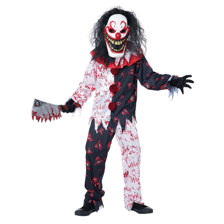 Chuckles The Killer Klown Boys Costume with red and blue jumpsuit, mask, and gloves, perfect for Halloween and costume parties 