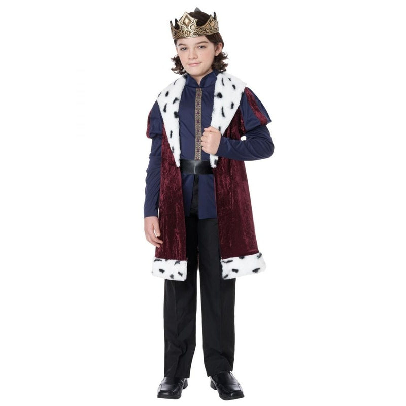 Kindhearted King Royal Renaissance Boys Costume: Young boy wearing a majestic red and gold royal costume with crown and cape, holding a scepter, standing in front of a castle backdrop 