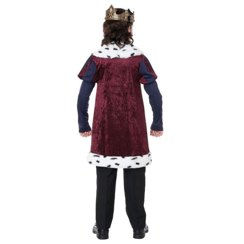  Kindhearted King Royal Renaissance Boys Costume: Smiling child dressed in a regal king outfit, complete with a crown, cape, and scepter, posing in a royal setting