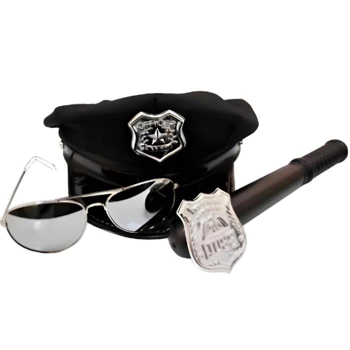 Child police officer costume kit, including hat, badge, and handcuffs for realistic play