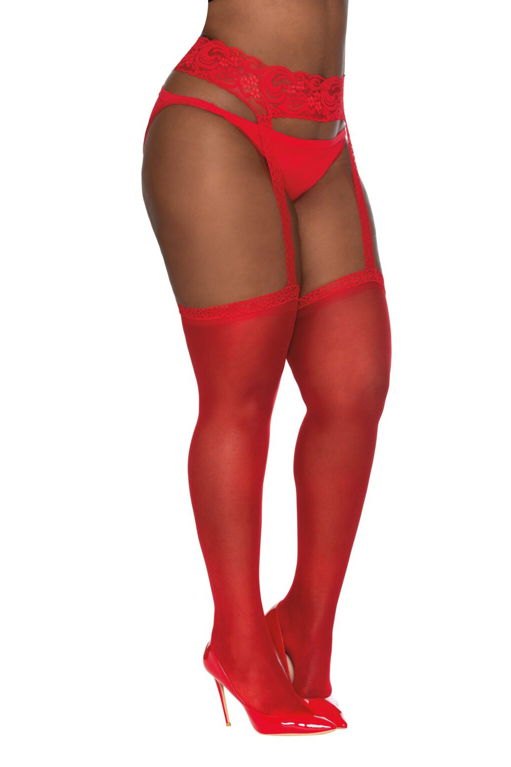Sheer Garter Belt Pantyhose, Red Queen Size
