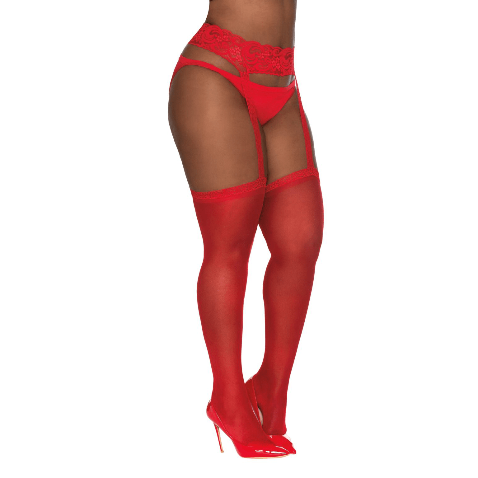 Sheer Garter Belt Pantyhose, Red Queen Size
