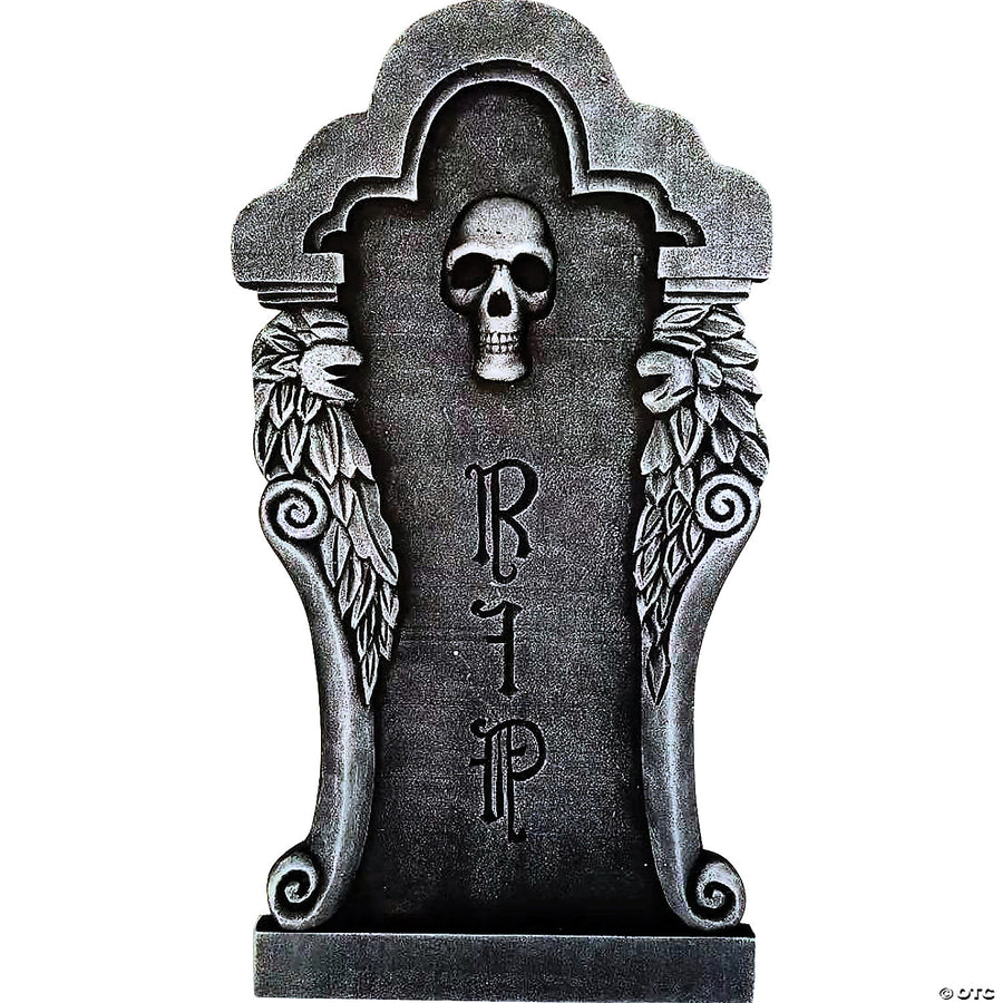 Spooky silver skull tombstone perfect for Halloween decorations in the yard