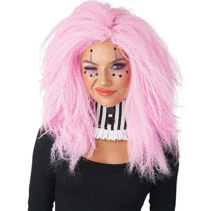 Crimped N Kooky Pink Wig with Long Wavy Strands and Fringe