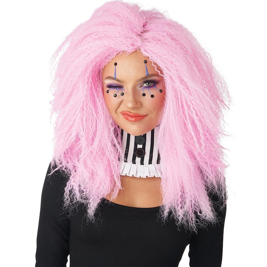 Crimped N Kooky Pink Wig with Long Wavy Strands and Fringe