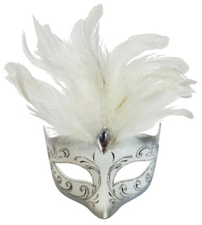 Feathered Masquerade Mask Silver/White