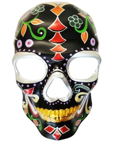 Hand-painted Black Day of the Dead Skull Mask with intricate details and vibrant colors, perfect for Halloween and Dia de los Muertos celebrations