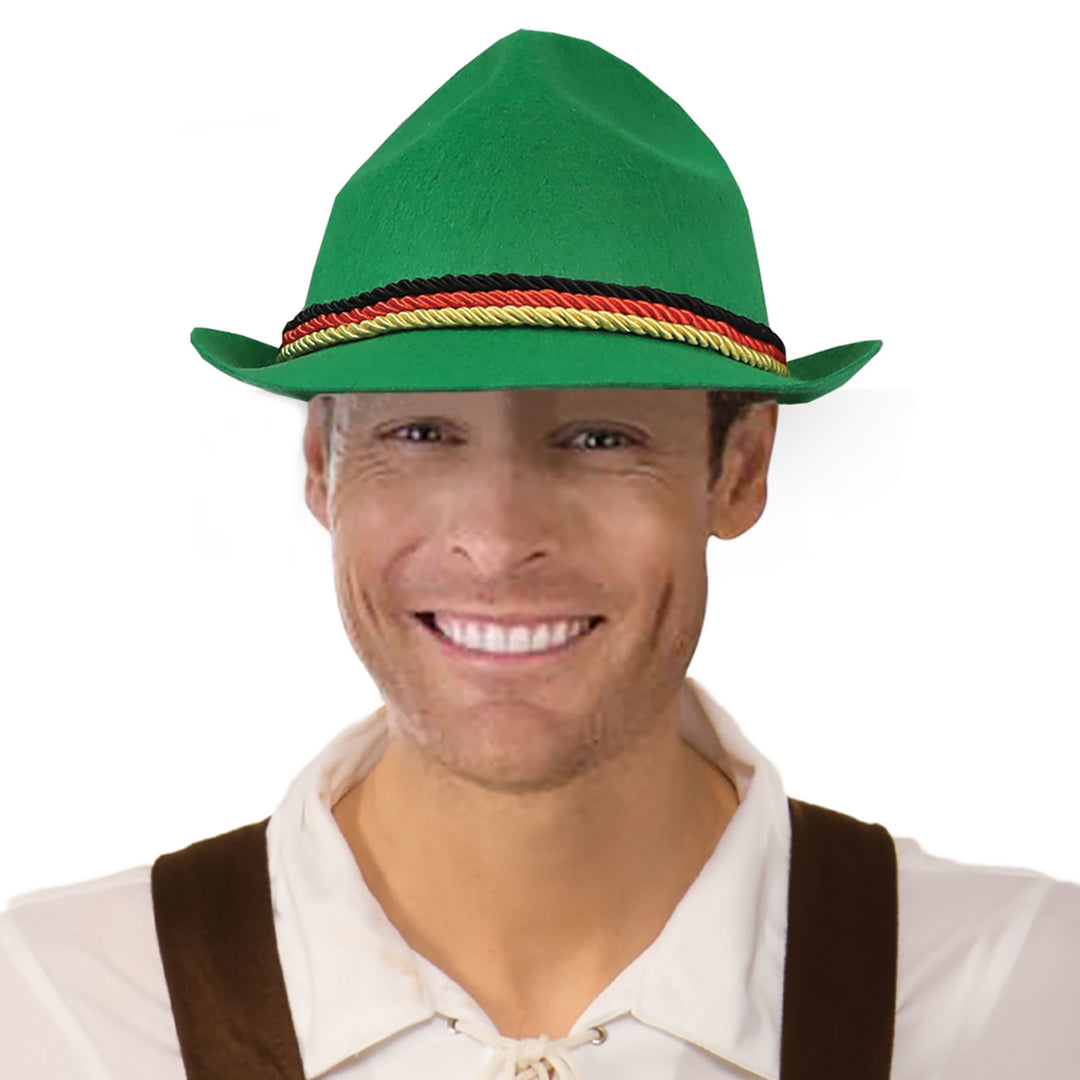 Green Oktoberfest hat with traditional feather and ribbon detail for festive celebrations