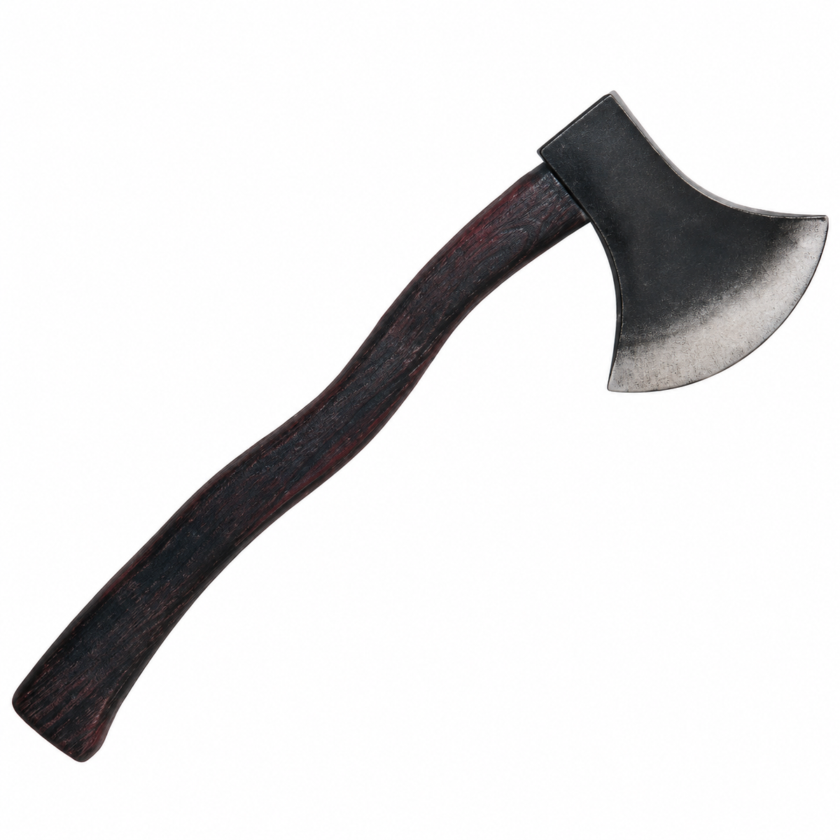 A classic hand axe or hatchet with a dark brown wooden handle and a dark steel head, shown diagonally on a plain white background.