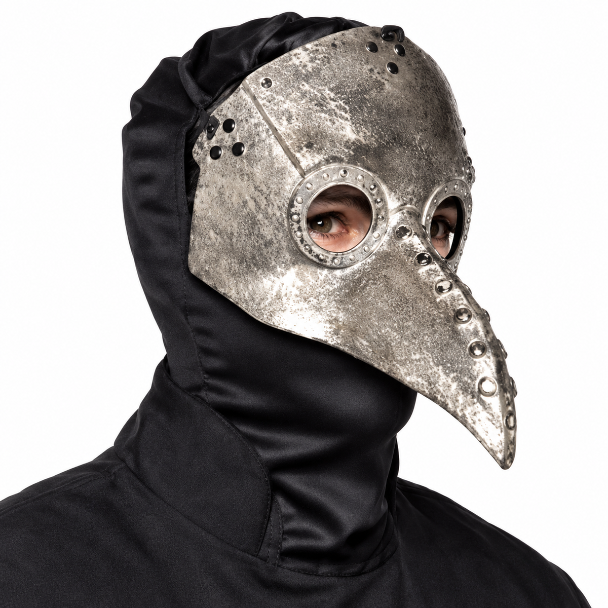 A person wearing a vintage-style plague doctor mask with a long beak and eye cutouts, covered in black fabric hood and gown against a plain white background.