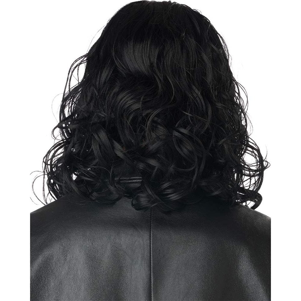  Jet black adult wig with a smooth, natural-looking texture and a side-swept bang