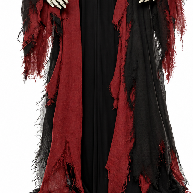 A full-body Halloween costume featuring a tattered black hooded robe with a red lining, a black-and-white skeleton chest piece, and a skull mask, shown against a plain white background.