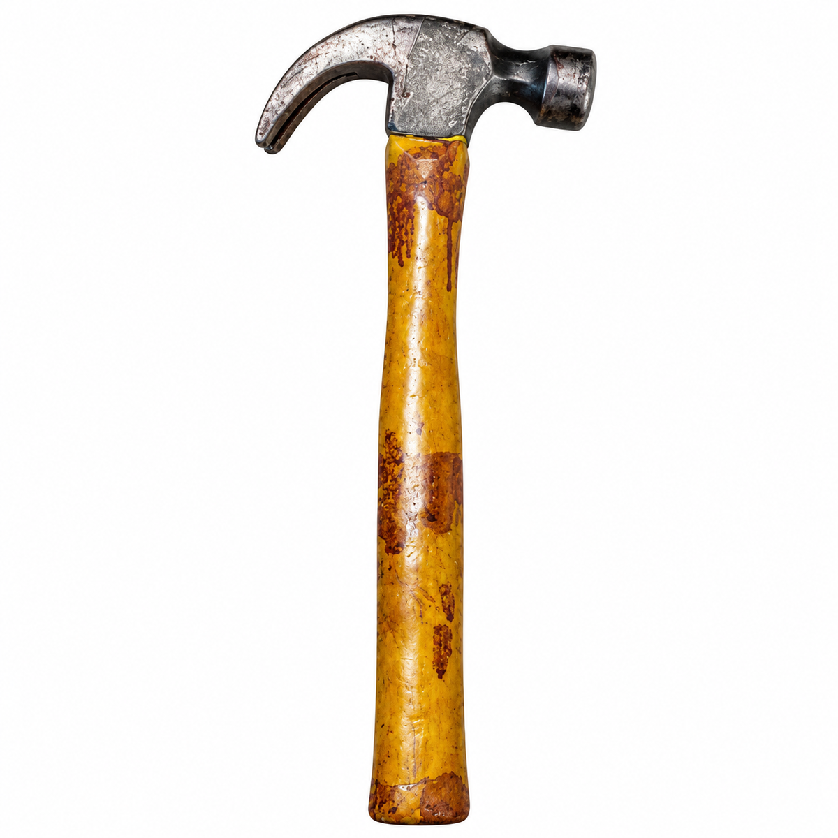 A claw hammer with a textured, weathered silver metal head and a yellow-brown wooden handle showing signs of wear and rust, isolated on a white background.