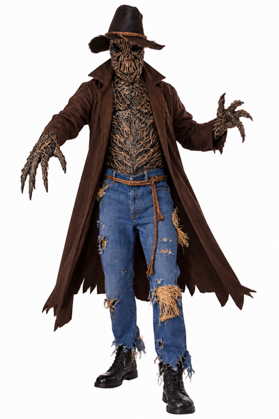 A full-body scarecrow costume on a white studio background, featuring a dark brown trench coat, matching hat, skeletal face mask, clawed gloves, a textured chest piece, ripped blue jeans, and black boots.