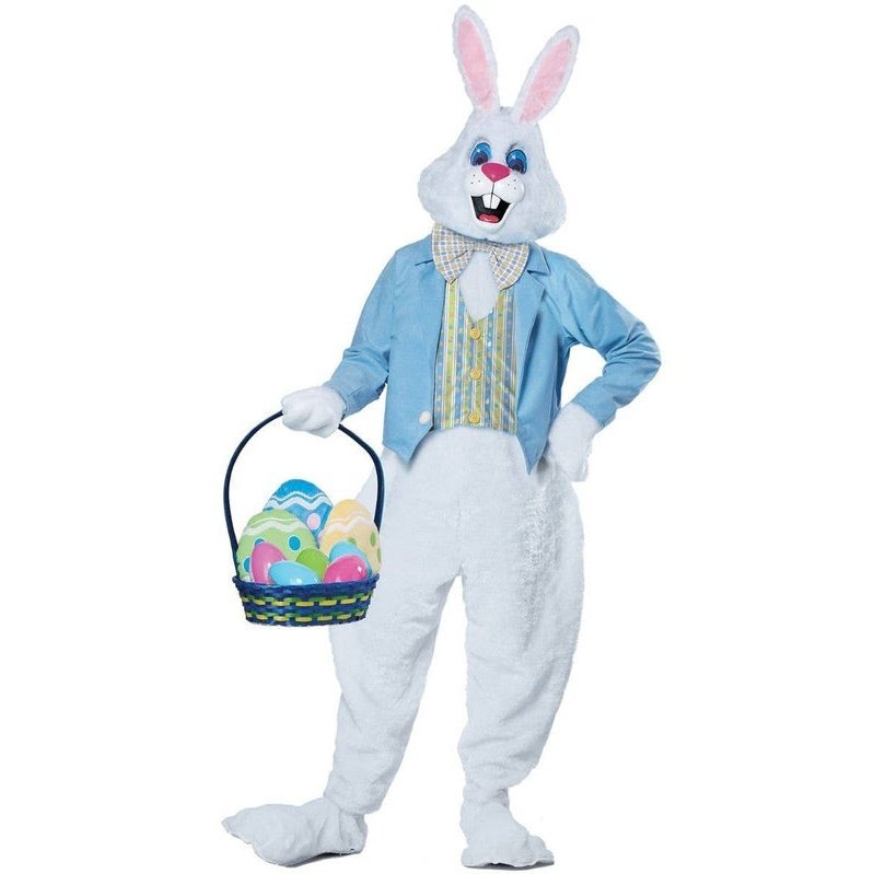 Deluxe Plush Easter Bunny Adult's Plus Size Costume in pink with white belly, perfect for Easter celebrations and costume parties