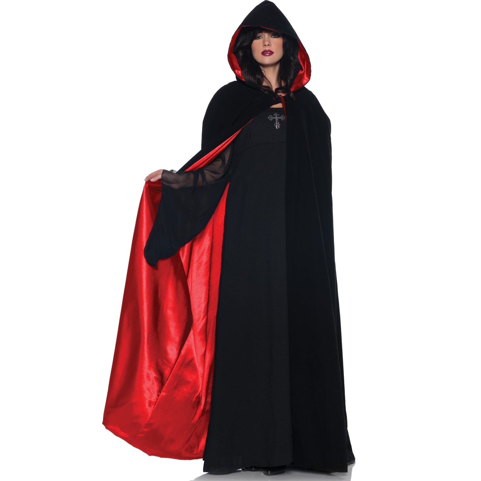 63"Deluxe Velvet and Satin Hooded Cape - Red/Black