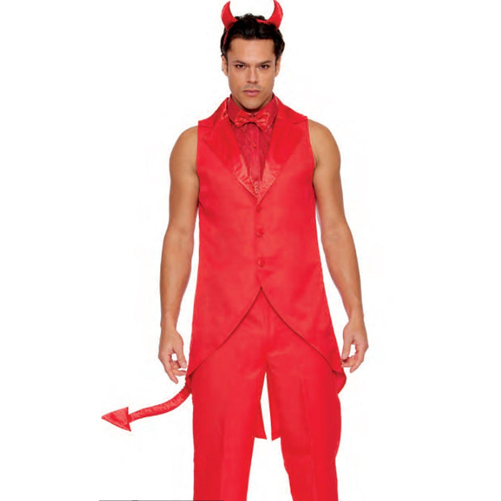 Men's Halloween costume with devil themed red and black outfit