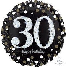 30th Happy Birthday Glitter Foil Balloon - Black & Silver 45cm