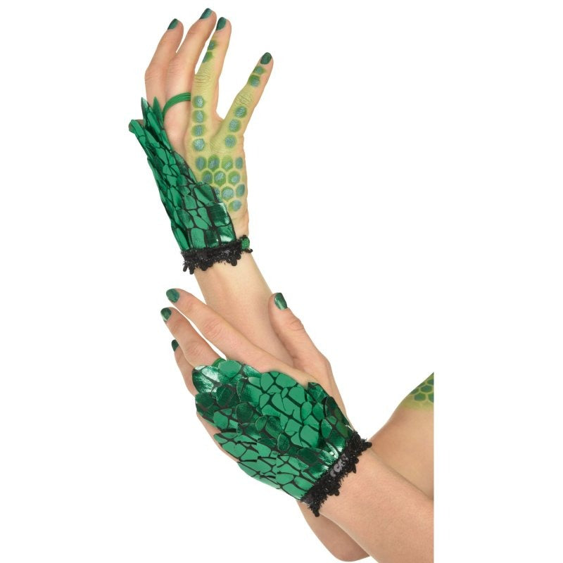 Pair of stunning metallic green dragon scale hand coverlets for cosplay