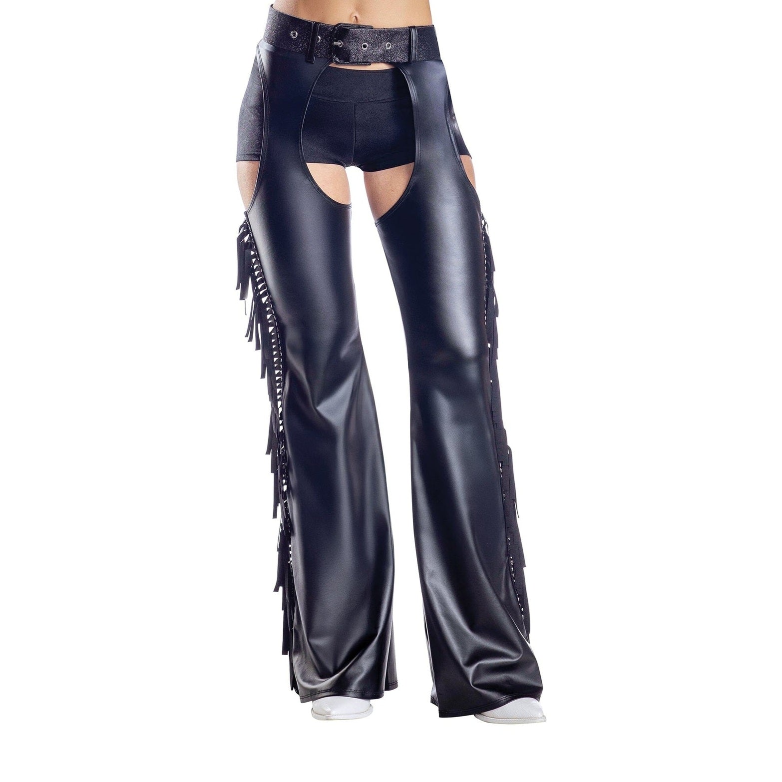 Black Fringe Chaps with Glitter Belt, Adult