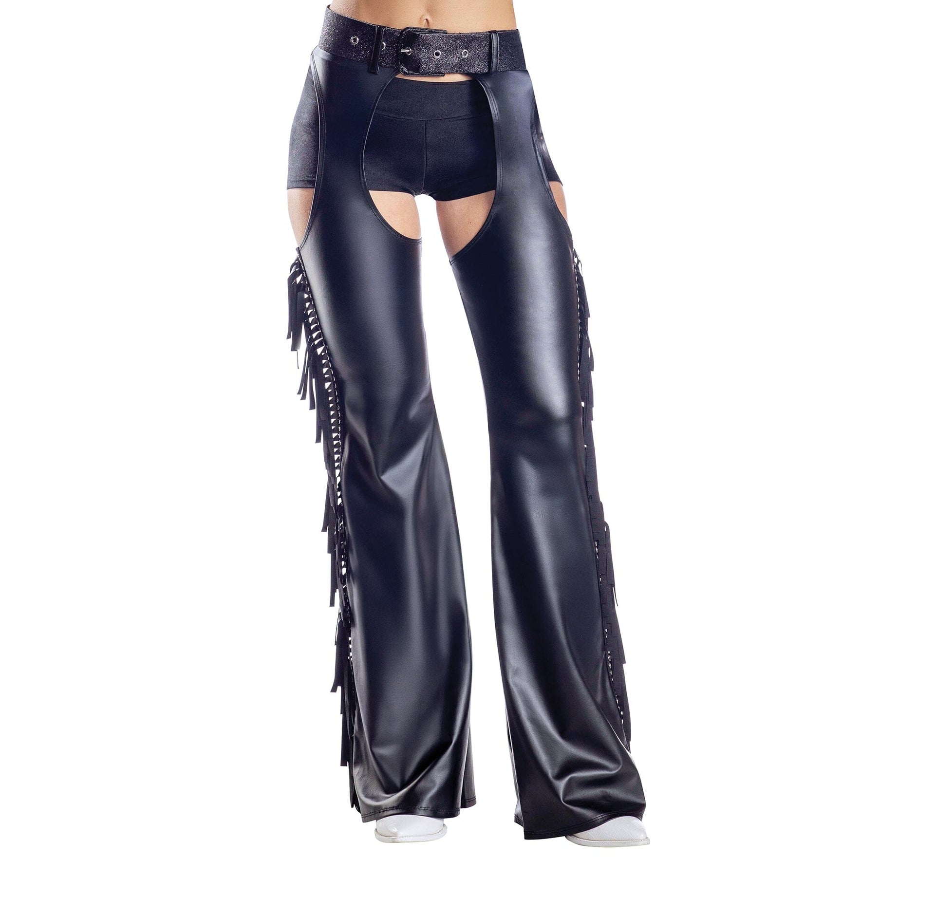 Black Fringe Chaps with Glitter Belt, Adult