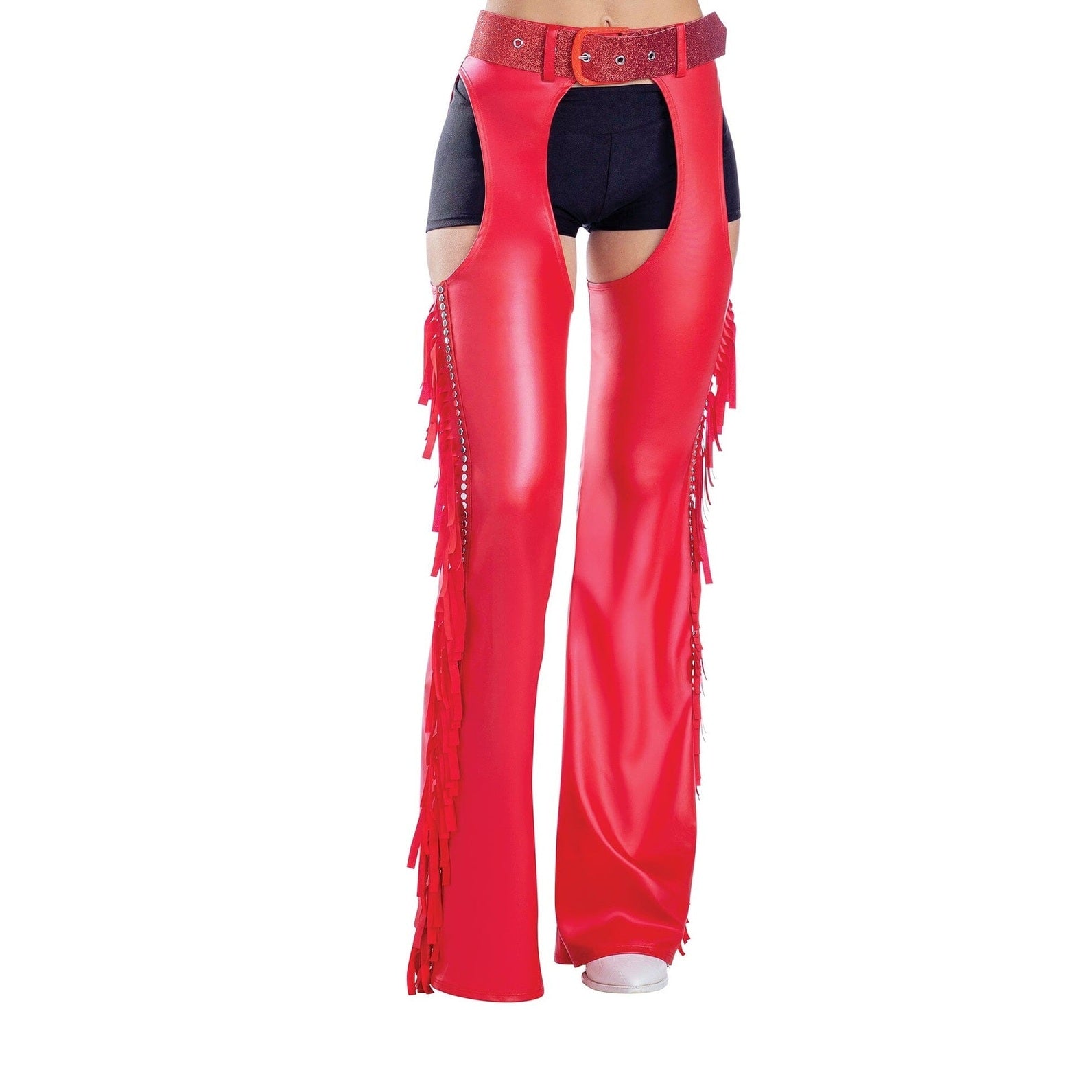 Red Fringe Chaps with Glitter Belt, Adult