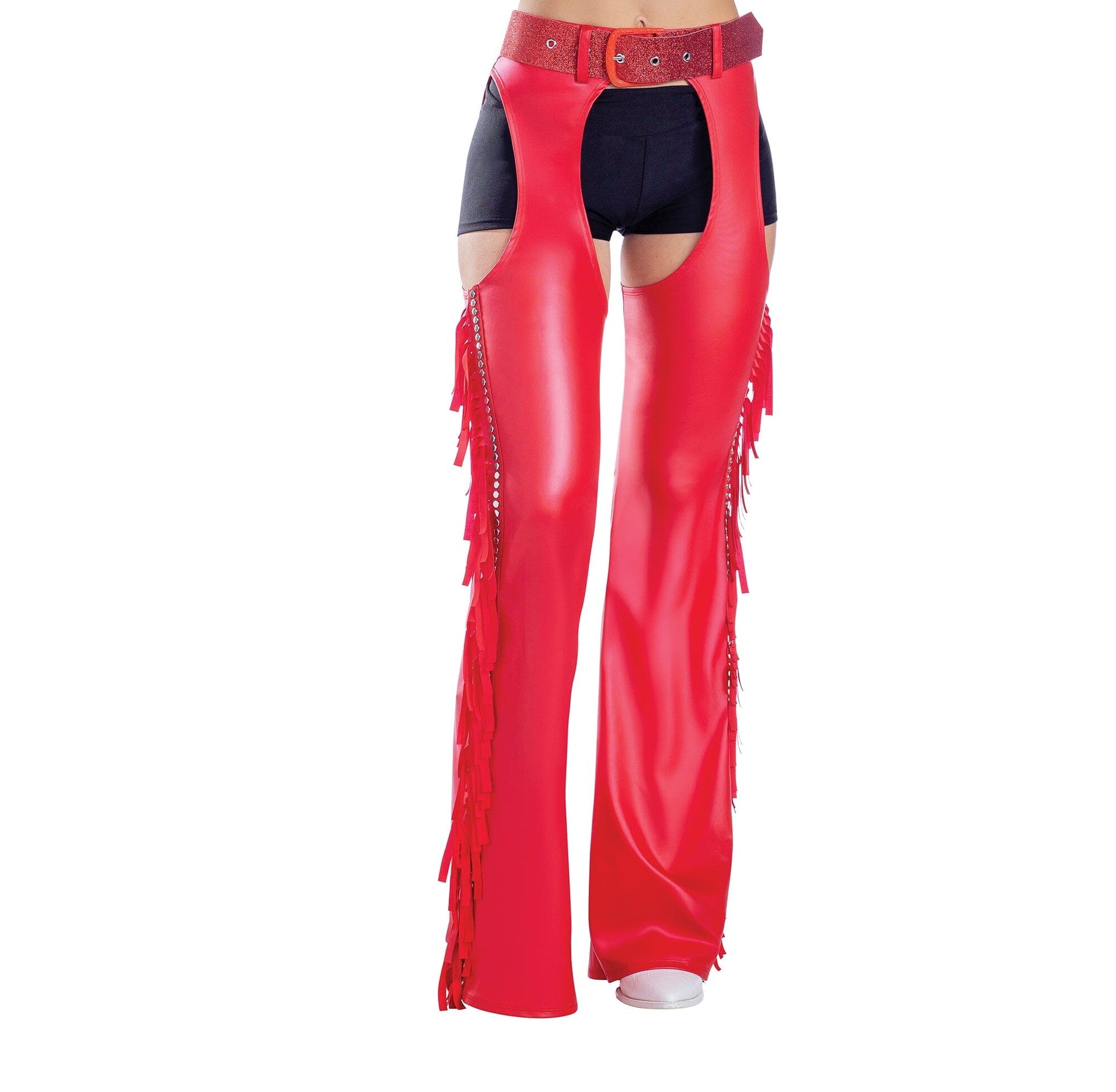 Red Fringe Chaps with Glitter Belt, Adult