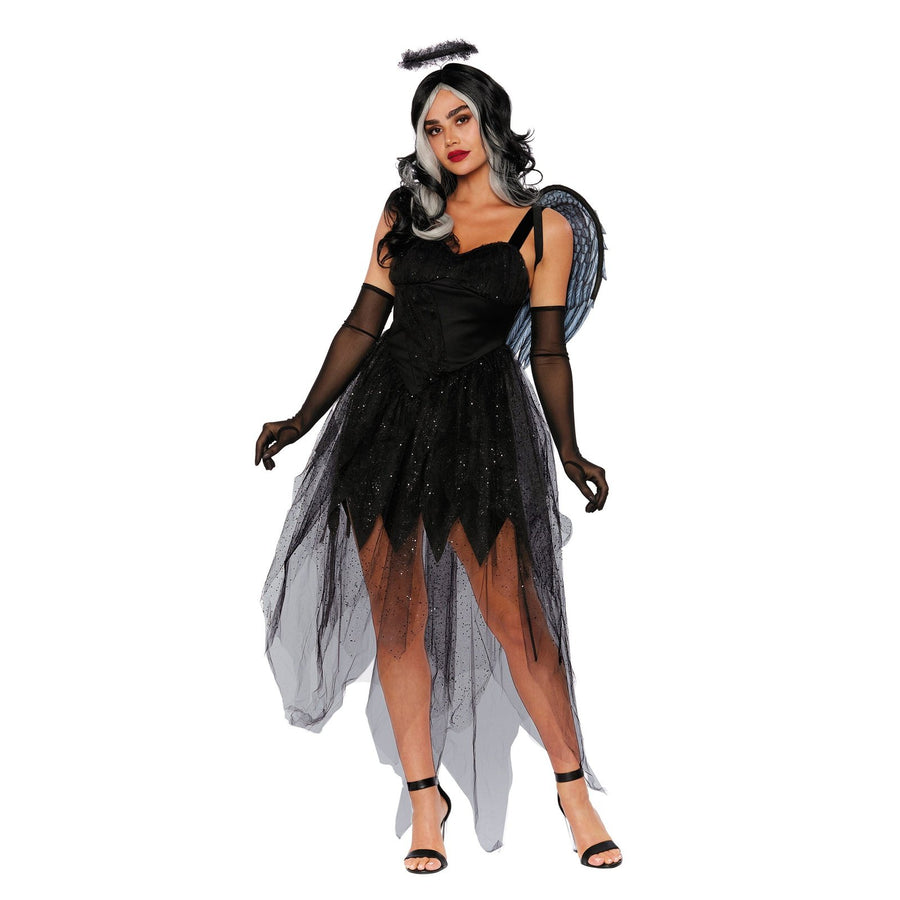 Fallen Angel, Adult costume featuring black wings and white gown 