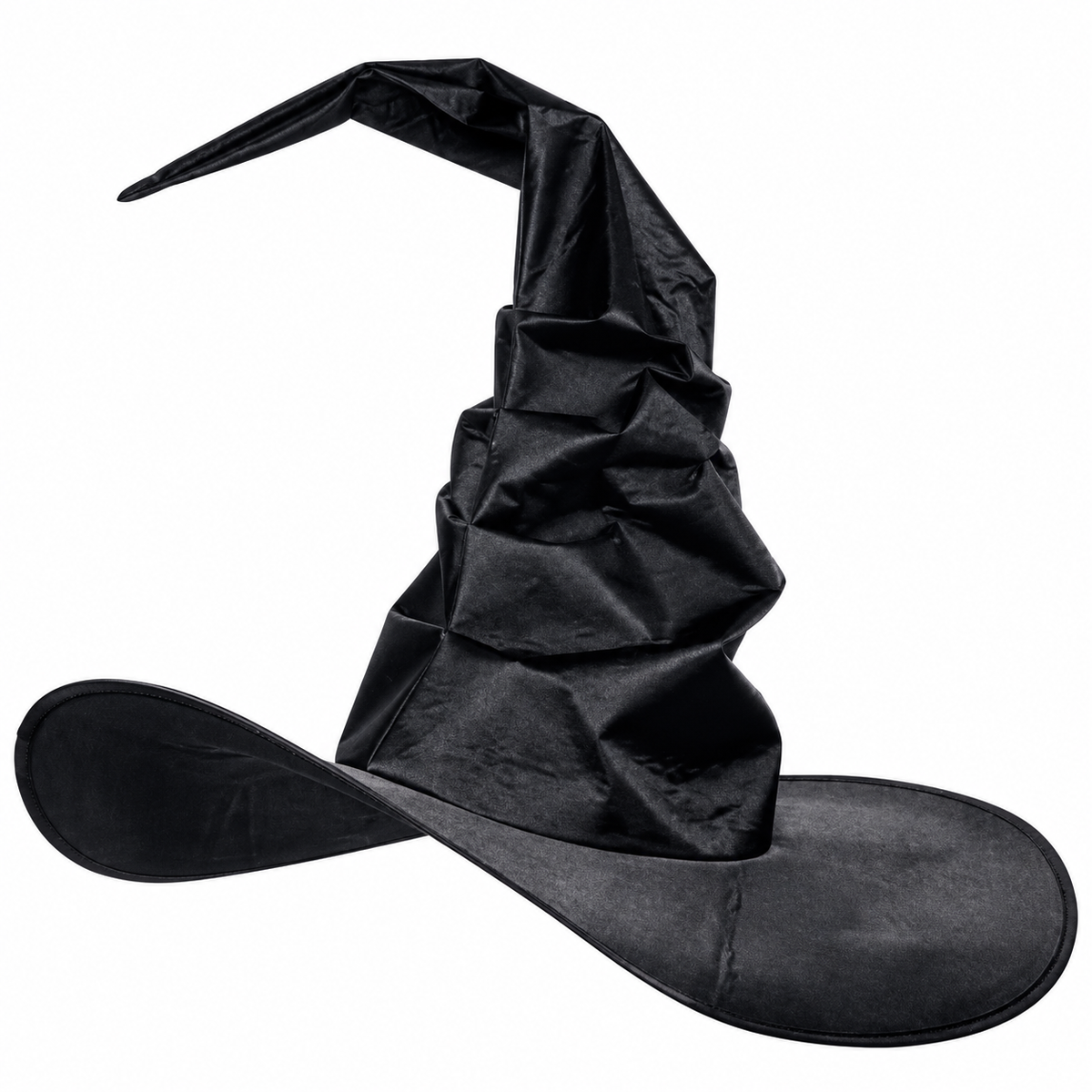 A black satin wizarding hat costume accessory with a pointed, pleated spire and a wide brim, shown against a plain white background.