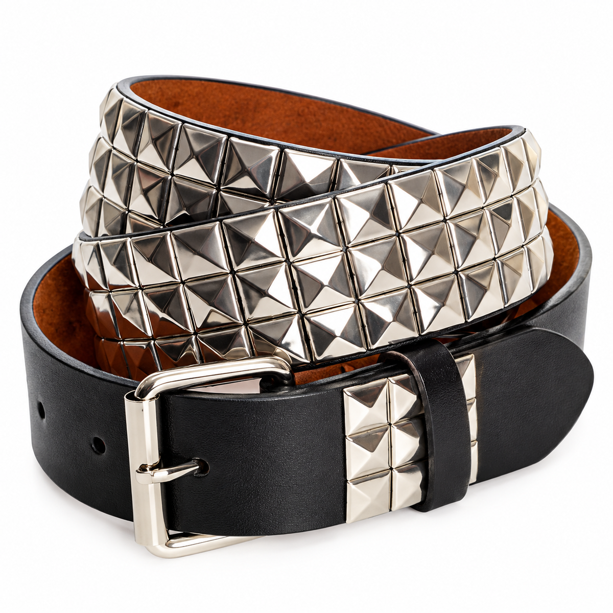 A black leather belt with silver pyramid stud embellishments and a silver buckle, coiled on a white background.