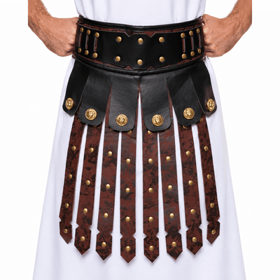 A close-up of a person wearing a black and dark brown faux-leather gladiator-style waist belt with gold-tone studs and medallion hardware, paired with a white tunic.