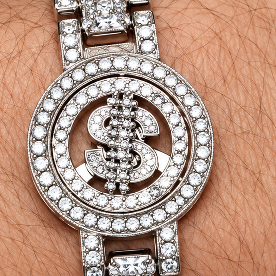 A close-up of a wrist wearing a silver-toned watch heavily embellished with clear crystals, featuring a circular crystal-encrusted face with a dollar-sign motif in the center.