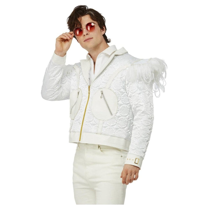 Close-up of Elton John's iconic feather jacket with intricate detailing