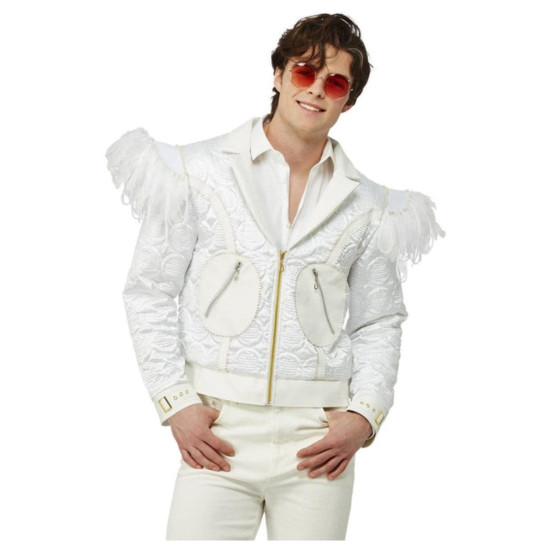 Elton John wearing a glamorous feather jacket on stage