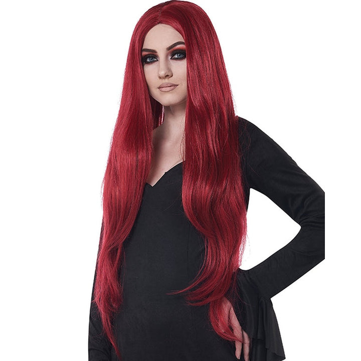 Vibrant and striking extra long red cosplay wig with wavy texture and adjustable cap for comfortable wear