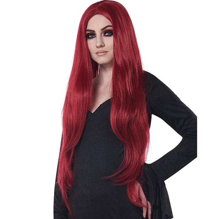 Vibrant and striking extra long red cosplay wig with wavy texture and adjustable cap for comfortable wear