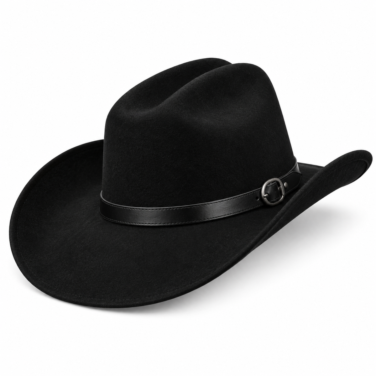 A black felt cowboy hat with a black leather band and a silver-tone buckle, shown on a clean white background.