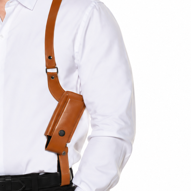 A man wearing a white dress shirt and black pants models a brown leather self-defense harness with shoulder straps and a holster on his right hip, against a solid white background.