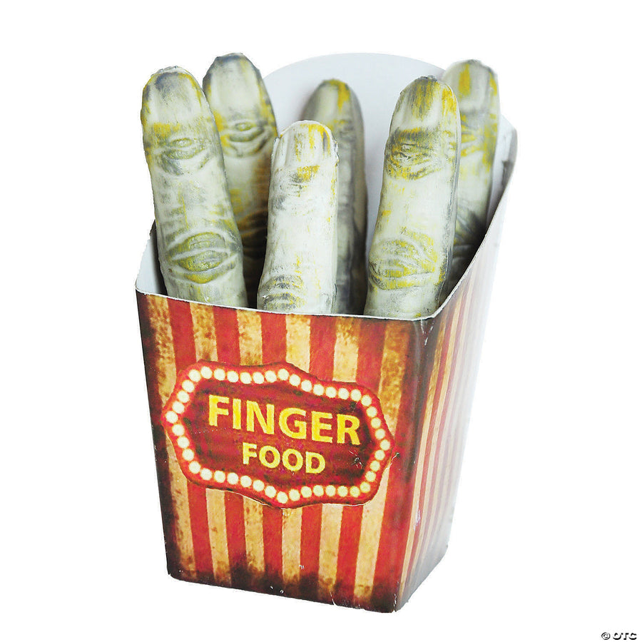 A spooky Halloween decoration of finger-shaped fries in a decorative bowl