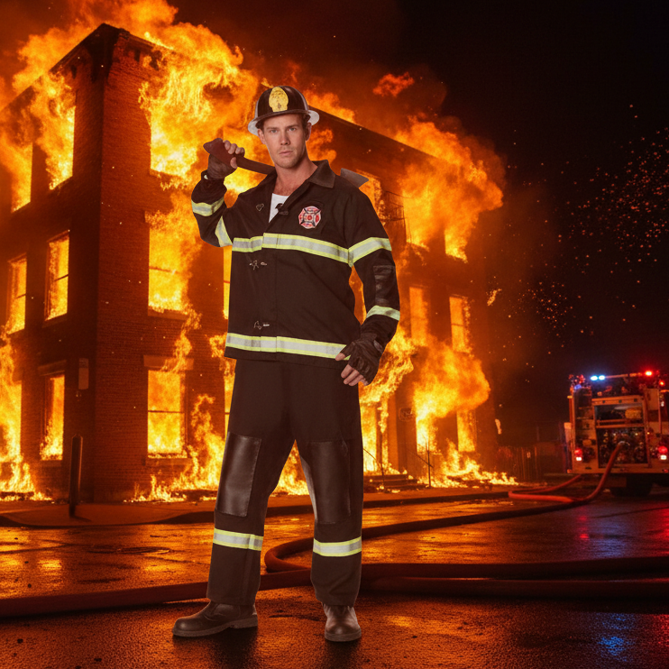 Firefighter Men's Costume - Dramatic Fire Scene Background