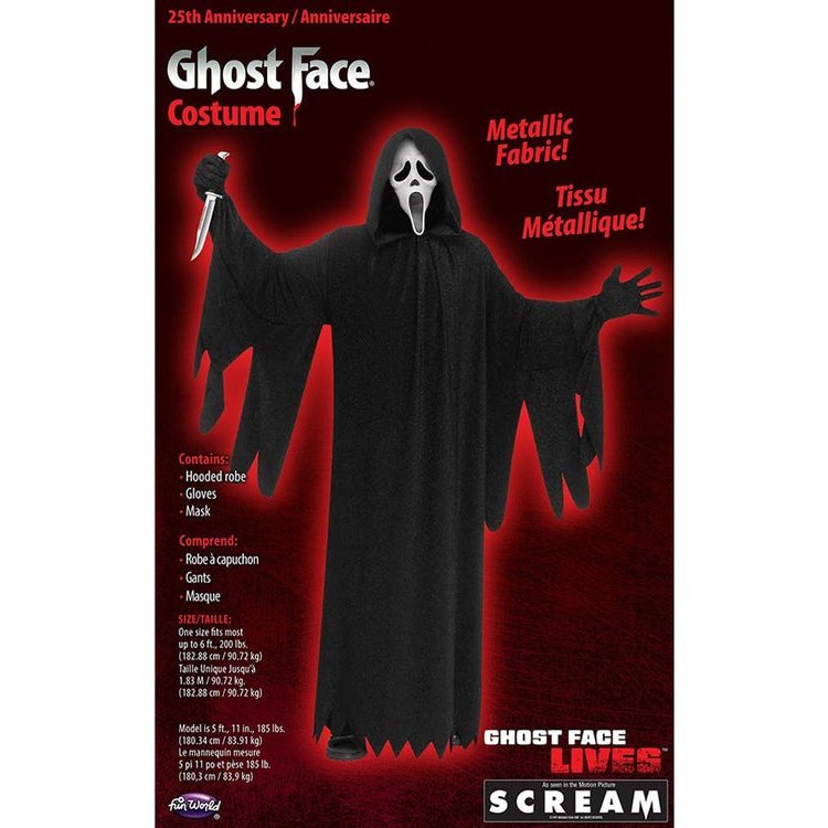 Costume Ghostface Per Adulto – Tunica Con Cappuccio, Cintura E Maschera, 100% Poliestere, Taglia Unica, Outfit Horror Per Halloween