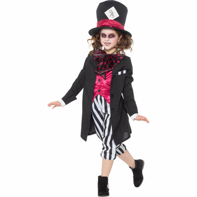 Adorable girls black hatter costume with mini top hat and lace details