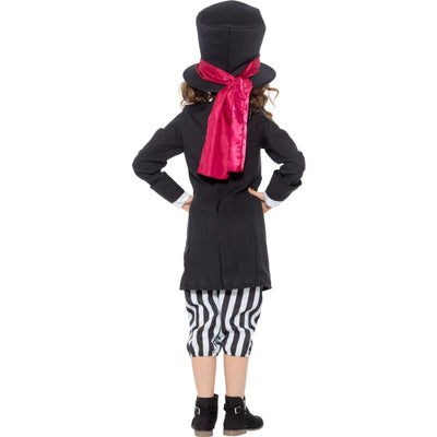 Cute black hatter costume for girls featuring a striped dress and matching accessories